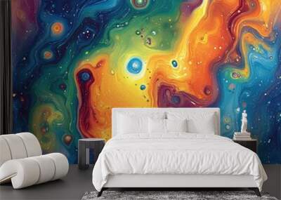 Vibrant abstract seamless background resembling a galaxy nebula in outer space with swirling colors of blue, orange, yellow, red, and green Wall mural