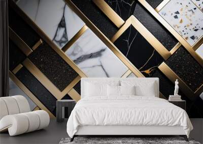 abstract floor design background with terrazzo texture black white and gray marble chips deep black granite tiles and golden brass edges Wall mural