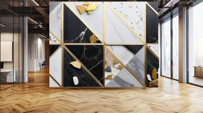 abstract floor design background with terrazzo texture black white and gray marble chips deep black granite tiles and golden brass edges Wall mural