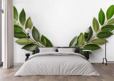 an isolated laurel wreath created from fresh branches of bay leaves displayed on a white background and equipped with a clipping path generative ai Wall mural