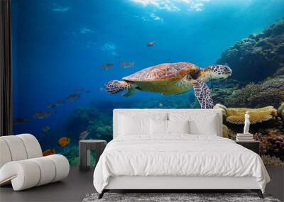 beautiful underwater tropical coral reef scene with turtle and fish Wall mural