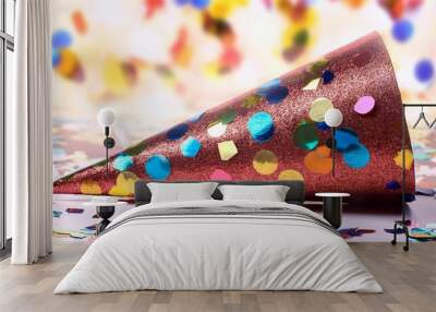 colored confetti on party hat Wall mural