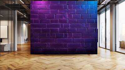 dark black brick wall background rough concrete plastered concrete floor with neon purple glowing lights from above lighting effect violet and blue on empty brick wall background for design Wall mural