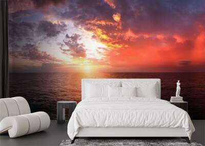 dramatic natural sky round sun on the sea red clouds sunset scenery panorama Wall mural