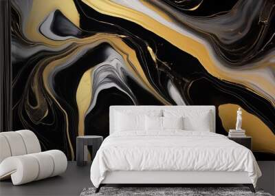 monocolor alcohol ink marbling raster background liquid waves and stains black and gold abstract fluid art acrylic and oil paint flow monochrome contemporary backdrop black marble with golden vein Wall mural