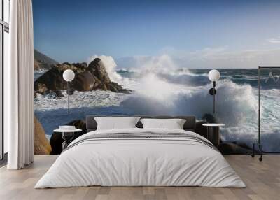 ocean waves crushing against rocks Wall mural