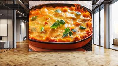 pumpkin lasagna delight in colorful pan on wooden table Wall mural