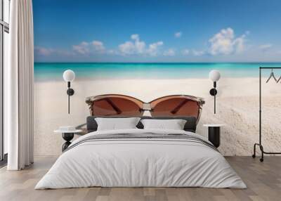 summer holiday background ocean and sunglasses white sand and tropical beach exotic vacation on summer Wall mural