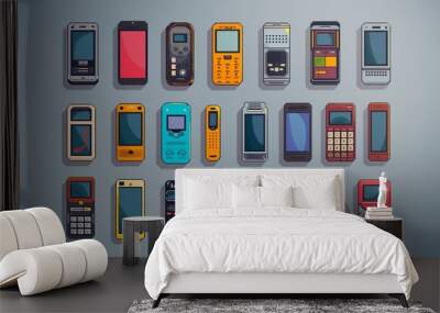 (21) A set of retro-style pixel mobile device icons in vibrant colors, ready for use in various applications. Wall mural