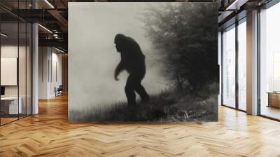 Bigfoot walking away in a foggy forest, a cryptid sighting Wall mural