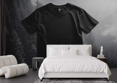 Black t shirt mockup lying on dark background Wall mural