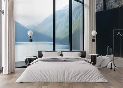 Luxury minimalist bed room, two floor high ceiling. Fjord view outside the window. Spacious cozy bed. Wall mural