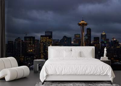 Night view of Downtown Seattle with iconic architect and dark clouds Wall mural