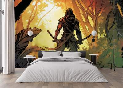 Ninja warrior standing in the forest holding katanas Wall mural