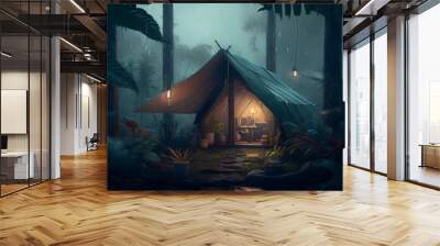 rain on the tent in the forest, tropic, quiet, calm, peaceful, meditation, camping, night, relax Wall mural