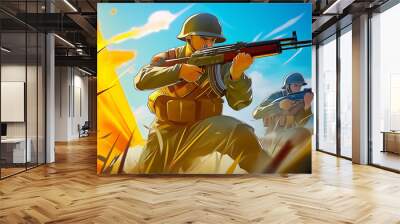 Two soldiers aiming rifles during military combat action Wall mural