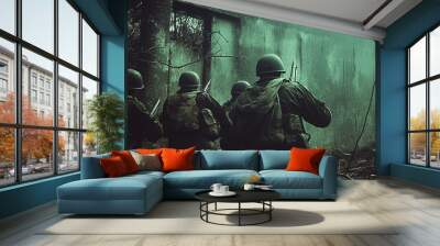 World war two Soldiers advancing along wall during military operation Wall mural