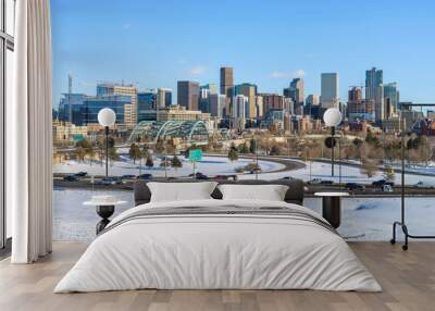 Winter at Downtown Denver - A winter panoramic view of Denver skyline and its busy street and highway I-25 after a snow storm. Colorado, USA. Wall mural