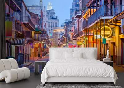 Bourbon St, New Orleans, Louisiana, USA cityscape of bars and restaurants at twilight. Wall mural