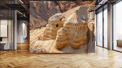 Cave of the Dead Sea Scrolls, known as Qumran cave 4, one of the caves in which the scrolls were found at the ruins of Khirbet Qumran Wall mural