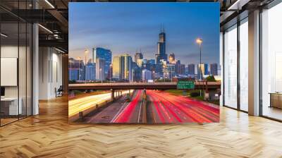 Chicago, Illinois, USA downtown skyline over highways Wall mural