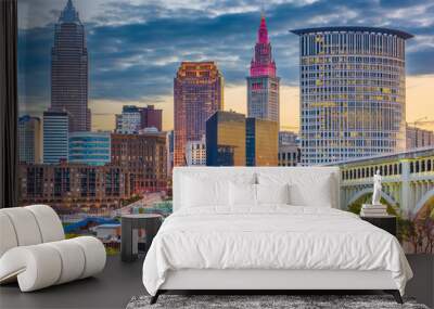 Cleveland, Ohio, USA downtown city skyline on the Cuyahoga River Wall mural