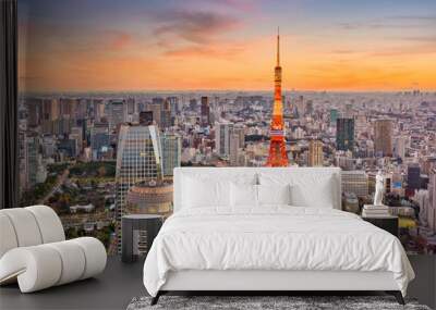 Tokyo, Japan cityscape and tower at dusk. Wall mural