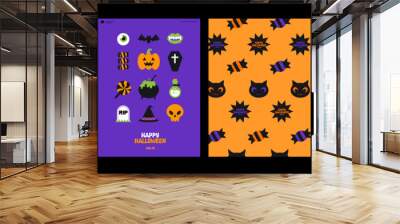 Poster of Happy Halloween. A set of flat vector illustrations. October 31.  Minimalist, geometric, background pattern, icon. Perfect for poster, media banner, cover or postcard. Wall mural