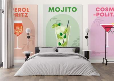 Set of posters with cocktails. Aperitif recipe. Alcoholic drinks in glasses for summer season. Mojito, Aperol Spritz and Cosmopolitan. Flat illustration Wall mural