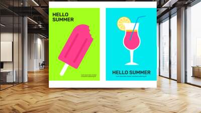 Set of summer poster collection. Watermelon, ice cream, cocktail, flipflop. Season event invitation, cover, promo, flyer, banner. Flat vector illustration in minimalistic style. Wall mural