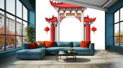 generated illustration Chinese gate at the entrance with red chinese lantern against white Wall mural