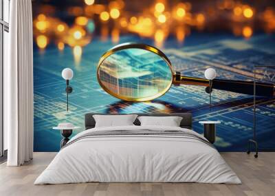 generated illustration magnifying glass search of investing and stock market over a graph chart Wall mural