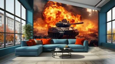 generated illustration of Armored tank shooting of a battle field in a war. Wall mural