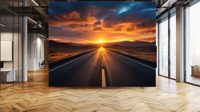 generated illustration of beautiful sun rising sky with asphalt highways road in rural scene Wall mural