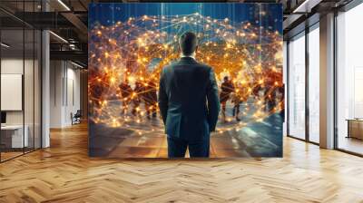 generated illustration of businessman holding a globe hologram in her hands. Global business concept. Wall mural