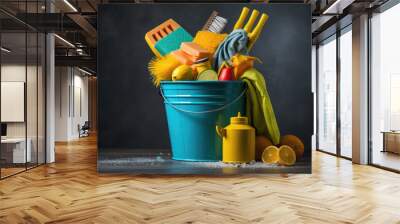 generated illustration of chemical cleaning supplies on color background Wall mural