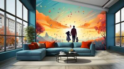 generated illustration of Father, son and daughter having fun on a walk, happy father's day Wall mural