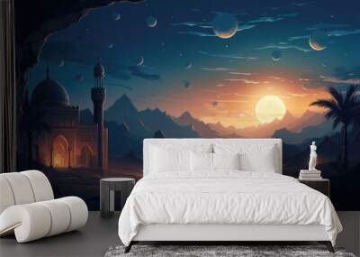 generated illustration of mosque with moon in the sky. ramadan kareem concept. Wall mural