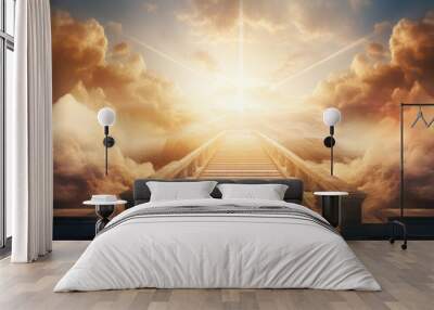 generated illustration of staircase leading up to a bright light in the sky with fluffy warm clouds Wall mural