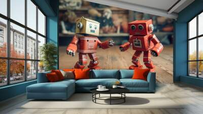 generated illustration of two cute toy robots having boxing match Wall mural