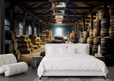 generated Illustration of Wine barrels in wine vaults. Wall mural