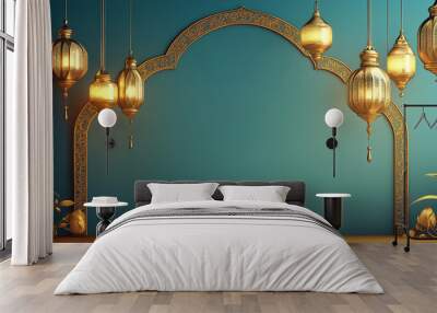 3D banner illustration featuring golden lanterns hanging with ample copy space in cantte on teal backdrop. Wall mural