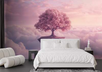 A majestic tree on a floating island drifts among fluffy pink clouds in a serene and dreamlike fantasy sky Wall mural