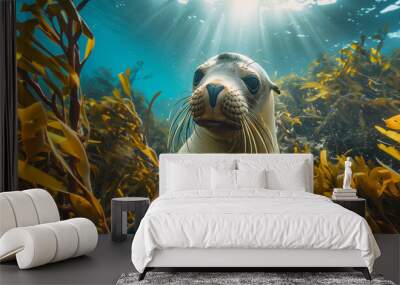 A seal is peeking through a forest of kelp under the bright rays of the sun underwater Wall mural