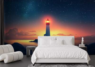 Minimalist Lighthouse on a Rocky Island at Sunset Wall mural