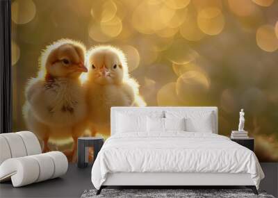 Two adorable fluffy chicks stand close together against a backdrop of soft golden light with a beautiful bokeh effect Wall mural