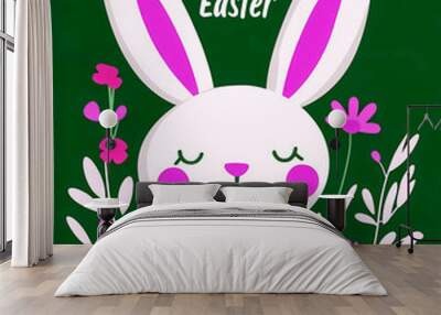 Modern minimal Easter card featuring a joyful bunny surrounded by colorful eggs and flowers, celebrating the festive holiday spirit Wall mural