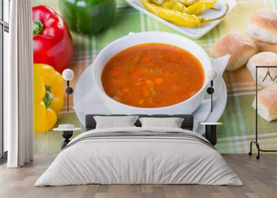 Close up of healthy vegetable soup with ingredients Wall mural