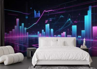 Data representation in bar and line graphs in a dark, futuristic environment, illuminated in neon shades of green, blue and pink. Ideal for data analysis and technology themes. Wall mural