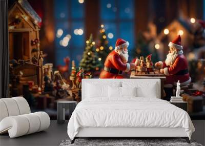 Festive Christmas scene with miniature decorations and Christmas figures, illuminated with warm and vibrant lights. There are Christmas props and lights that create the essence of the Christmas spirit Wall mural